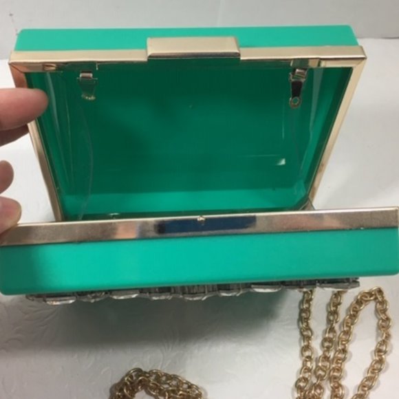 Fashionable Rhinestone Hardcase Box Turquoise Glam Clutch Crossbody 5x6 - Picture 6 of 13
